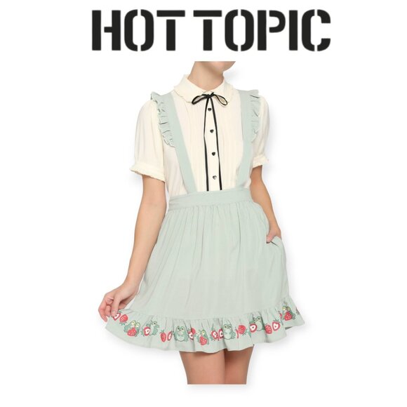 Hot Topic Ruffle Suspender Skirt Frogs Strawberries Cottagecore Kawaii Teal M - Picture 1 of 9